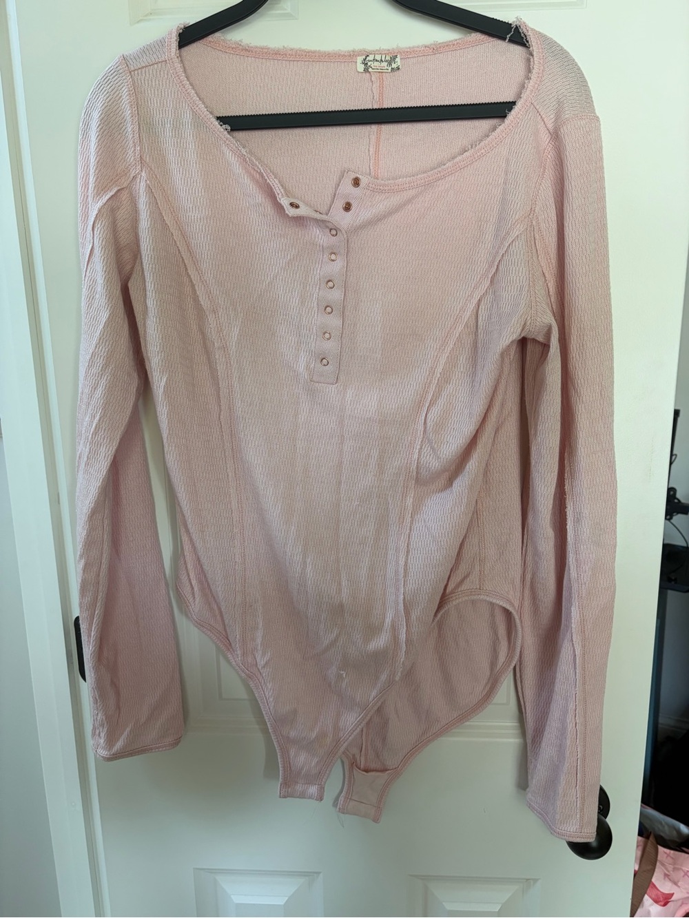 Free People Ribbed Henley Long-Sleeve Bodysuit in Light Pink